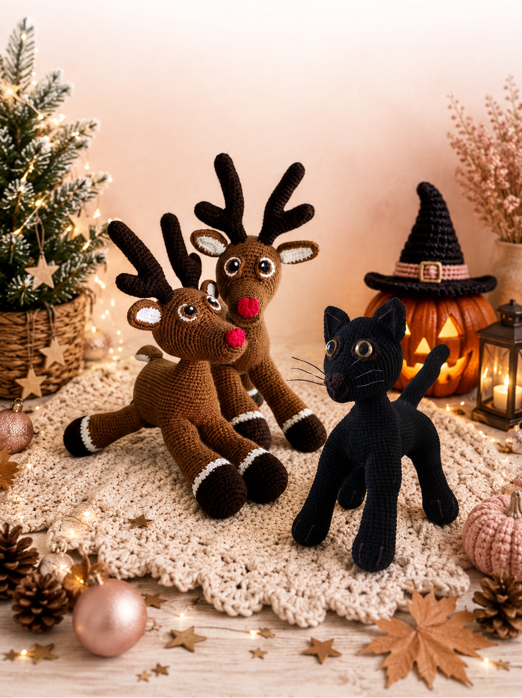 Two crochet reindeer and a cat amigurumi toys in a Halloween and Christmas festive setting
