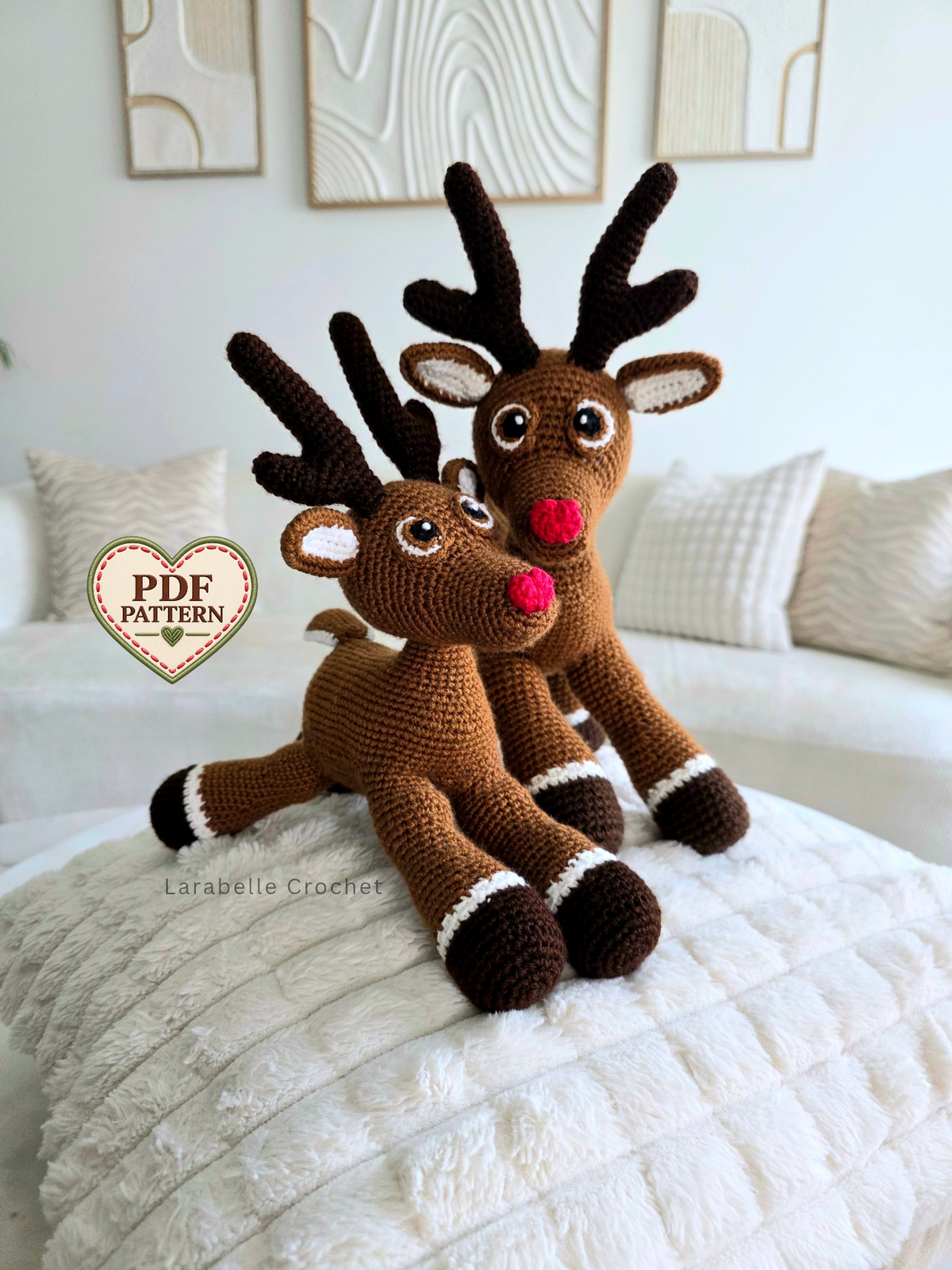 Ralph and Ruby the red nosed reindeer crochet amigurumi toys made using a PDF crochet pattern