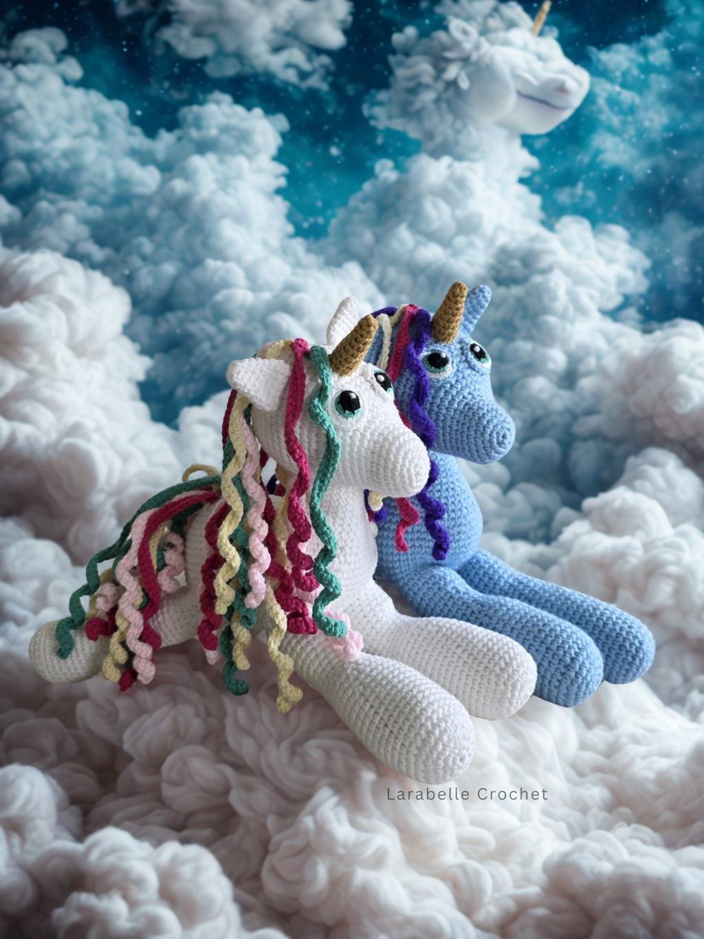 A white and a blue unicorn paying down together sat on clouds